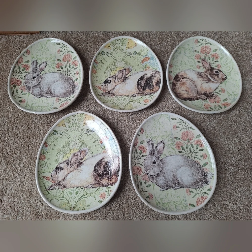 Pottery Barn Easter Egg Shaped Bunny Floral Plates Set of 5